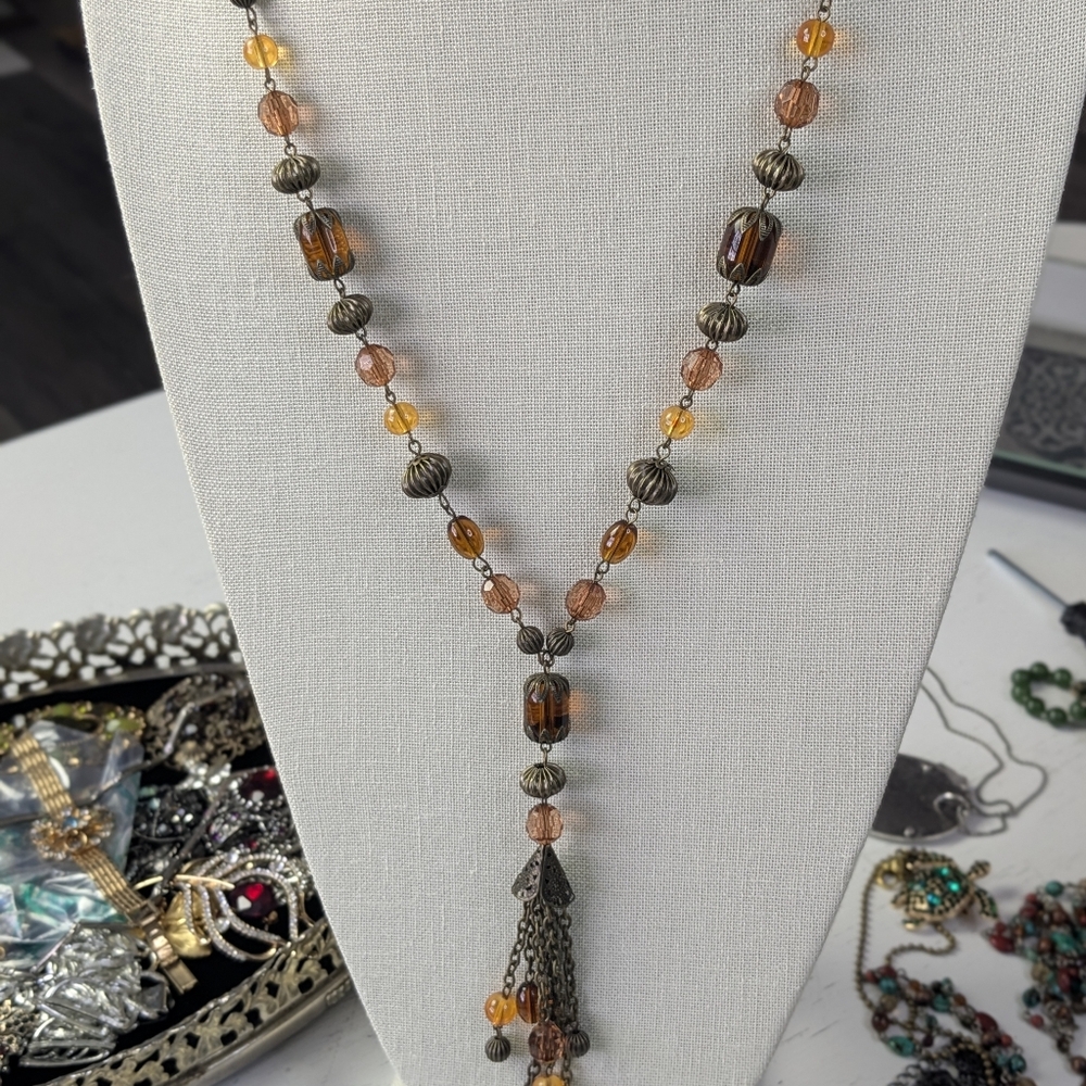 Boho Long Beaded Necklace With Antiqued Gold Look